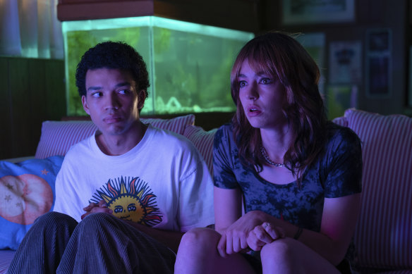 Justice Smith, left, as Owen and Brigette Lundy-Paine as Maddy in I Saw the TV Glow. 