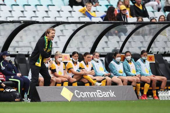 Tony Gustavsson in full sideline flight during a home friendly against the US in 2021.