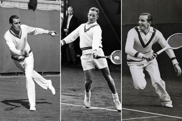 The tennis jumper’s champions have included (from left) Bill Tilden, Rod Laver and Fred Perry.