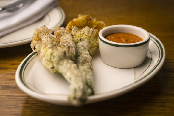 Zucchini flowers with romesco sauce at Marion in Fitzroy.