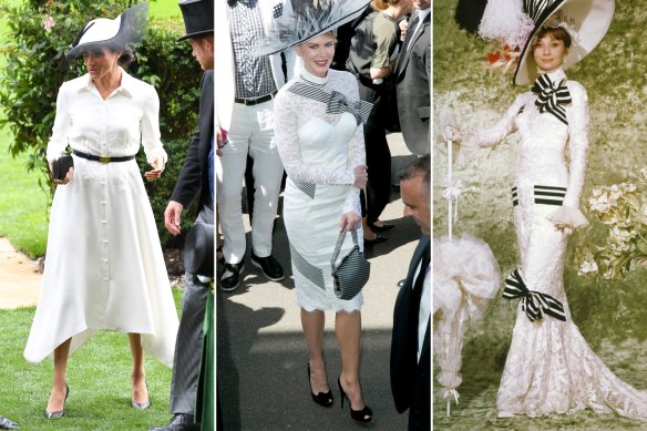 My Fair Lady style: Meghan, Duchess of Sussex, at Royal Ascot in 2018 (left); Nicole Kidman at Derby Day, Melbourne in 2012; and Audrey Hepburn on the My Fair Lady set.