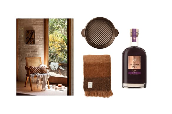 “Bonnie” cushion and “Oatmeal” throw; “The Grande Legacy” grill pan; alpaca throw; “Copper Shiraz” gin.