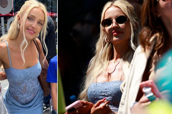 Content creator Morgan Riddle, watching boyfriend Taylor Fritz on day five of the 2025 Australian Open wearing Melbourne label Benni.