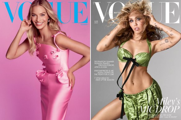 The latest issue of US Vogue featuring Australian actor Margot Robbie promoting her ‘Barbie’ movie and Edward Enninful’s June issue for British Vogue with singer Miley Cyrus on the cover.