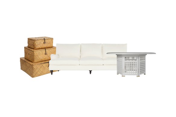 Woven cases; “Kennedy Sloane” sofa; “Moroccan” dining table.