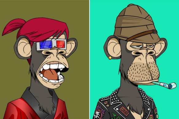 NFTs are commonly associated with digital art, such as these works from the Bored Ape series.