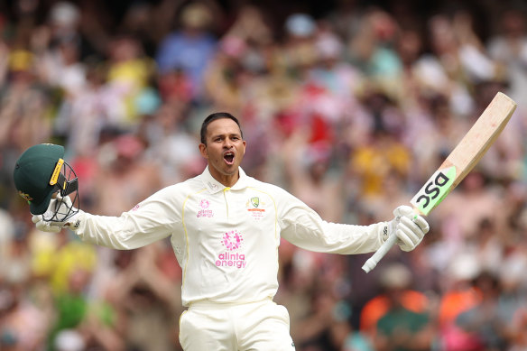 Usman Khawaja celebrates his century at the SCG on Thursday.