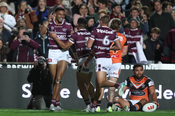 Winger Jason Saab scored a double during the Sea Eagles’ win at Brookvale.