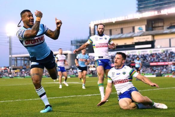 Sione Katoa recovered from the horror tackle to score the last of Cronulla’s five tries.