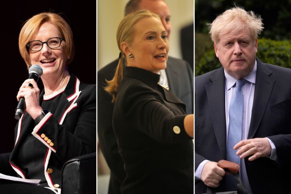 From left: Julia Gillard, Hillary Clinton and Boris Johnson have all faced scrutiny for their hairstyles, but some argue it’s still a gendered topic.