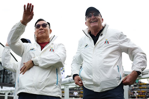 Ka Ying Rising owner Leung Shek Kong and trainer David Hayes at the barrier trial.