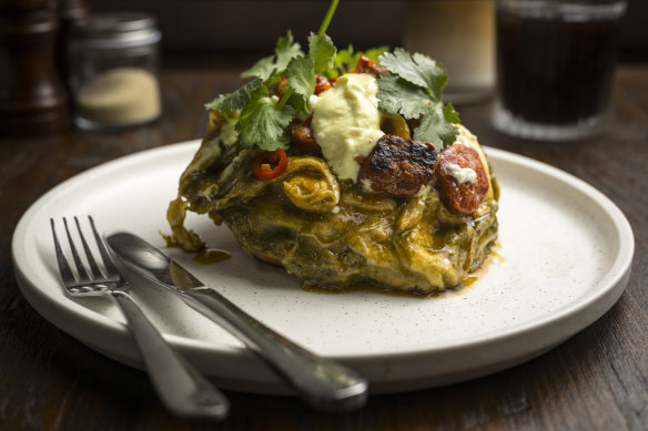 Eggs folded with herb pesto and chorizo.