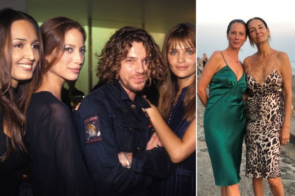 Gail Elliott with Christy Turlington, singer Michael Hutchence and Helena Christensen in Paris, 1993; Christy Turlinton with Gail Elliott in Bali. 