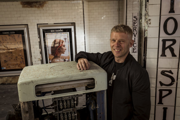 Filmmaker Gus Berger at the 1919 garage building he converted into the Thornbury Picture House.