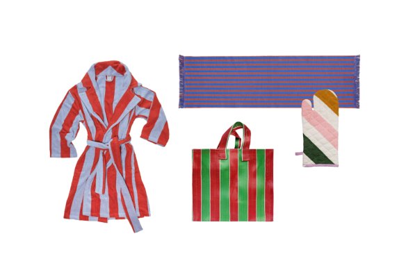 “Picnic Stripes” cotton robe; “Stripes & Stripes” rug; “Day-to-Day” bag; “Maypole Stripe” oven mitt.
