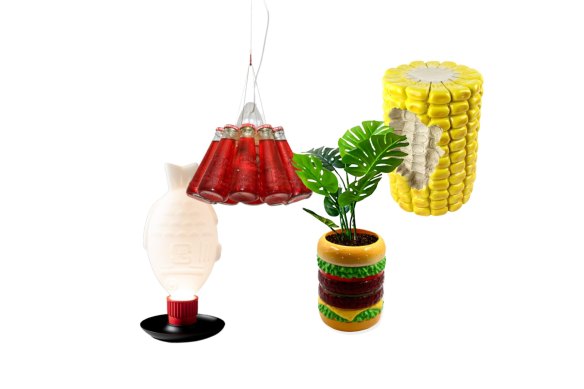 Good enough to um ... look at. From left: “Light Soy” lamp, “Campari” light; giant hamburger planter; giant corn stool.