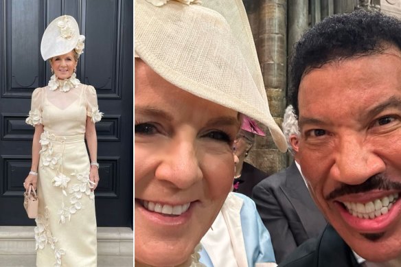 Former politician Julie Bishop on her way to the coronation wearing a Zimmermann ensemble with a Nerida Winter hat; with singer Lionel Richie at Westminster Abbey.