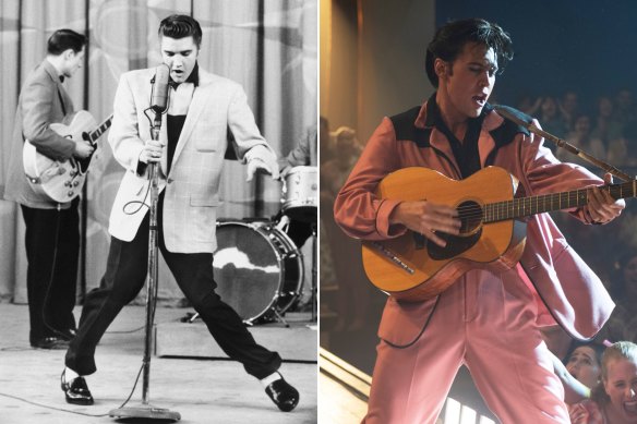 Elvis Presley, left, in one of his signature suits, and Austin Butler who plays the King in a new biopic.  