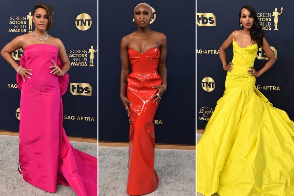 Dopamine overdose: Ariana DeBose in Valentino haute couture, Cynthia Erivo in Louis Vuitton and Kerry Washington in yellow Celia Kritharioti.