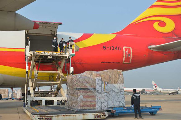 A cargo plane carrying 90 tonnes of personal protective equipment and ventilators arrives in Sydney on April 9.