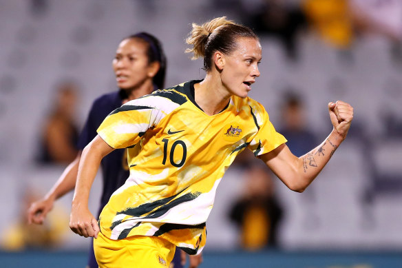 Emily van Egmond scored her first international hat-trick in Australia's six-goal romp against Thailand.