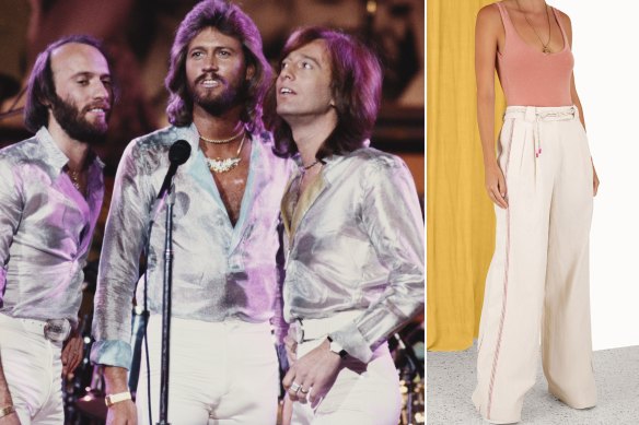 The Bee Gees performing at ‘The Music for UNICEF Concert: A Gift of Song’ benefit concert, held at the United Nations General Assembly in New York City, 9th January 1979. Left to right: Maurice Gibb (1949-2003), Barry Gibb and Robin Gibb (1949-2012). Zimmermann’s high tide slouch pants.