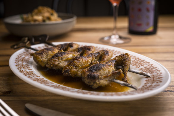 Delicious little birdies: the quail kabobs that Anthony Bourdain ate.