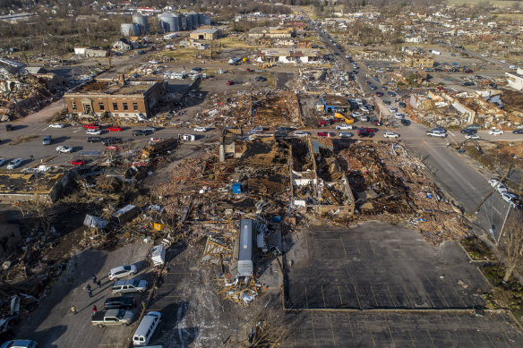The trail of destruction left through the centre of Mayfield, Kentucky after it was hit by a monstrous tornado that killed dozens of people.