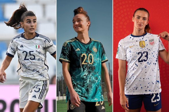 Own goals: The adidas away jersey worn by the Italian team in the FIFA Women’s World Cup; Germany’s adidas away jersey; impressionistic dots on the United States Nike home jersey.