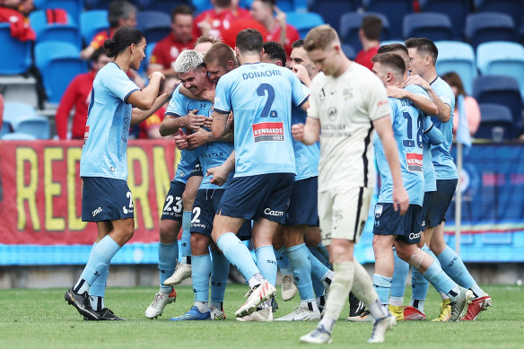 Patrick Wood celebrates a goal for Sydney FC.