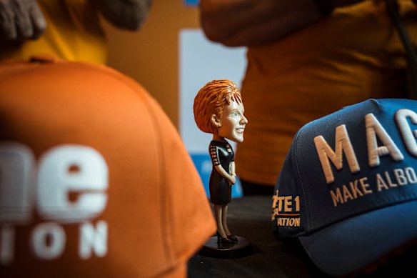 One Nation merch at the Victorian state election campaign launch in Melbourne on Saturday.
