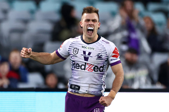 The outstanding Ryan Papenhuyzen celebrates after his long-range try.