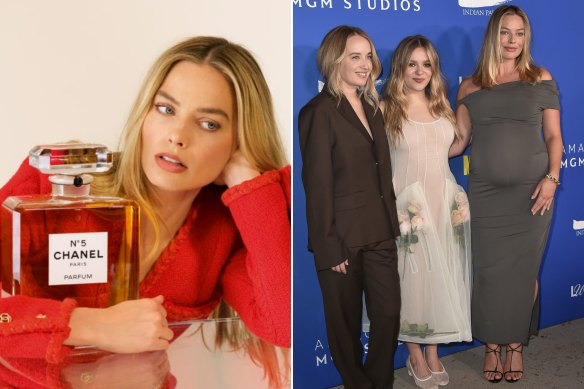 Margot Robbie is the new face of Chanel No.5. (Right) Megan Park, Maisy Stella, and a pregnant Robbie arrive at the premiere of My Old Ass in LA on Monday.