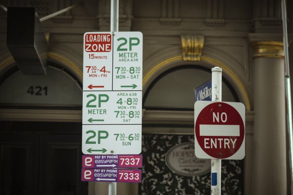 An example of the confusing parking signs the City of Melbourne says it will clean up. 