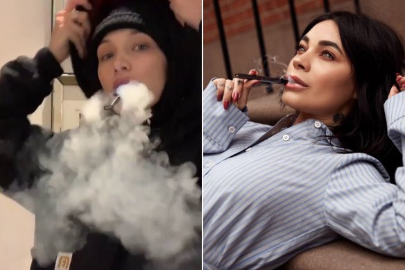 Bella Hadid, left, and fellow influencer Christina Zayas were used to help promote Juul’s vaping products. After reaching the West in 2006, vaping had become a full-blown epidemic among US youth by 2019.