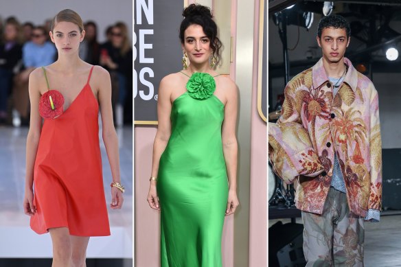 A model in Loewe on the Paris runway in September; Jenny Slate at the Golden Globes in Rodarte; Dries Van Noten menswear takes its inspiration from nature in Paris on Thursday.