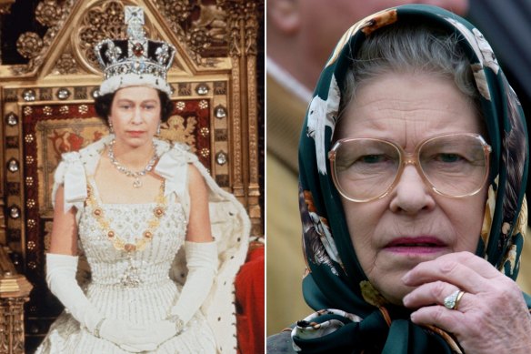 Queen Elizabeth II attends State Opening Parliament in 1967 wearing her full regalia. On the right in 2002, with her most constant piece of jewellery.