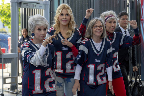 Rita Moreno (left) Jane Fonda, Sally Field and Lily Tomlin play lifelong friends who travel to the Super Bowl to see star Tom Brady in 80 For Brady.