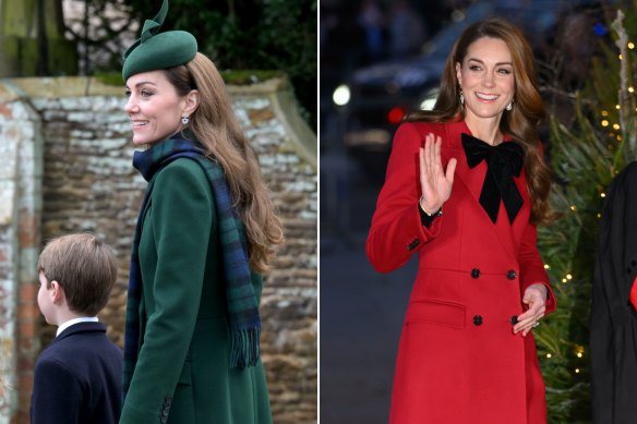 The Princess of Wales wears Alexander McQueen on Christmas morning, and earlier this month at a carol service (right).