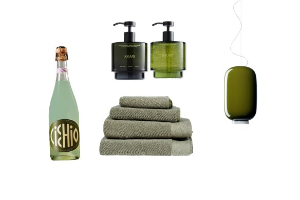 “Cicchio Pistacchio” spritz; “The Apothecary” hand and body balm; “Speckle” towels; “Chouchin 2″ suspension lamp.  