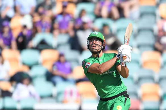 Marcus Stoinis belts a six on the way to an unbeaten 97 for the Stars on Monday.