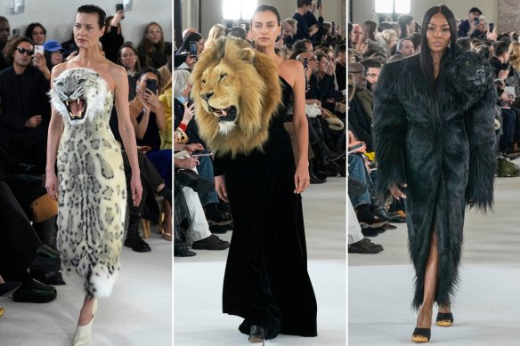 Shalom Harlow, Irina Shayk and Naomi Campbell walk in designer Daniel Roseberry’s tribute to Dante’s ‘Inferno’ at the Paris haute couture show for Schiaparelli.