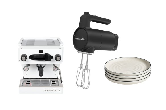 “Linea Mini” espresso machine; cordless hand mixer; “Sandy” dinner plates.