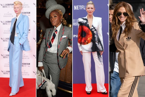 Tilda Swinton wearing a Bella Freud suit at a London screening of ‘The Eternal Daughter’; Janelle Monae in Thom Browne at the London Film Festival; Cate Blanchett in Alexander McQueen at the London Film Festival; Julia Roberts in Adidas x Gucci on the ‘Ticket to Paradise’ press tour.