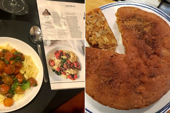 Julia Busuttil Nishimura’s end-of-summer spaghetti with tomatoes; and Helen Goh’s quince, cinnamon and ginger cake. (from Liz Whyte and Grant Taylor)