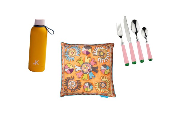 “Colour Theory” flask; “Nomad Suzani” outdoor cushion; 16-piece cutlery set.  