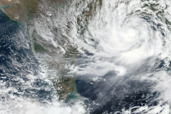 A satellite image shows Cyclone Yaas approaching India’s eastern coast on Tuesday. 