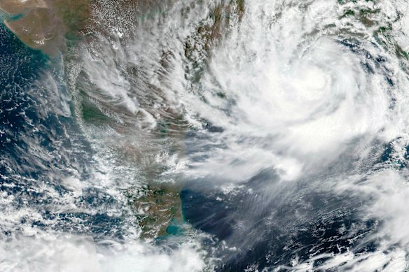 A satellite image shows Cyclone Yaas approaching India’s eastern coast on Tuesday. 