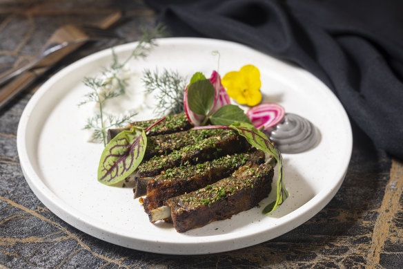 Herb-crusted lamb ribs. 