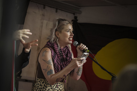 Clementine Ford speaking at a pro-Palestine rally at the State Library of Victoria last month.